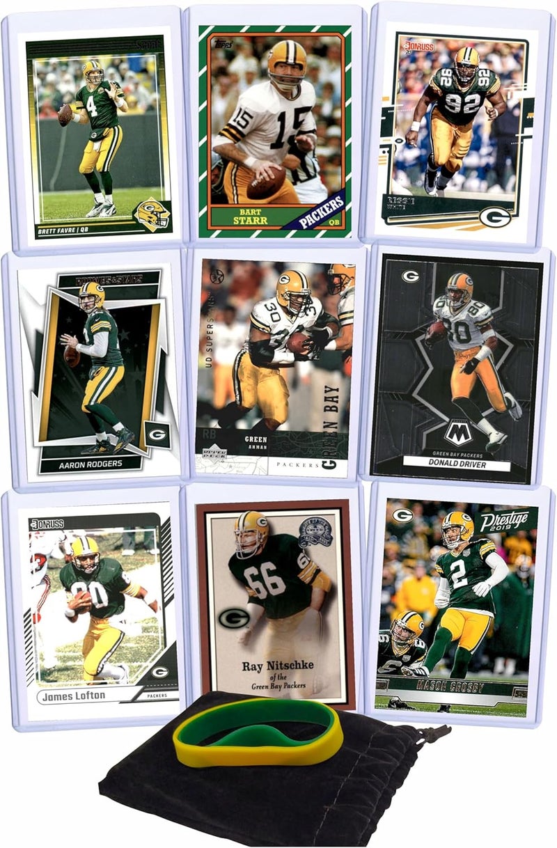 Chaser Green Bay Packers Football Legends Cards: Brett Favre, Bart Starr, Reggie White, Aaron Rodgers, Donald Driver, Ahman Green, James Lofton, Ray Nitschke, Mason Crosby (9) Assorted GOAT Card Hall of Fame Gift Pack - Image 1